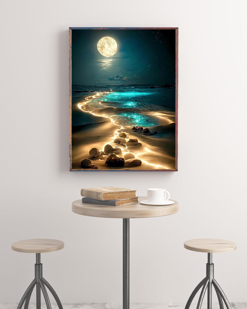 KINPLUB Moonlight Beach Diamond مجموعات الطلاء للبالغين 5D Seaside Moon Diamond Art Kits للمبتدئين DIY طلاء الحفر الكامل مع ديكور جدار المنزل الماسي 12 × 16 بوصة - Image 2